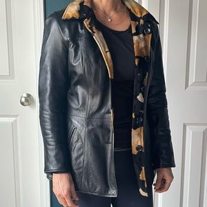 Harold's genuine black leather and cow print reversible coat Small